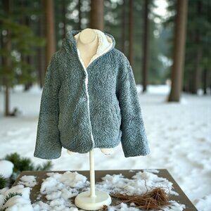 Catalonia Gray and White Reversible Sherpa Fleece Teddy Hoodie Jacket Size Small